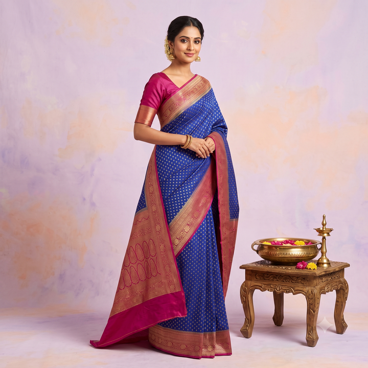 KUBERAN BLUE WITH PINK BANARAS GEORGETTE SAREE