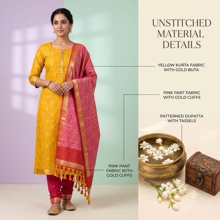 Kuberan Golden Yellow and Pink Pure Silk Dress Material with Geometric Motifs