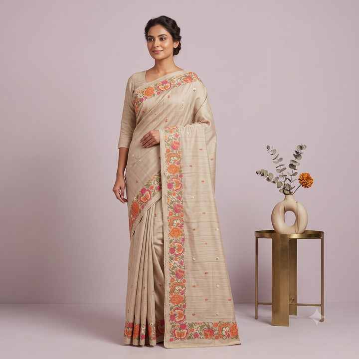 KUBERAN BEIGE PURE TUSSAR SILK SAREE