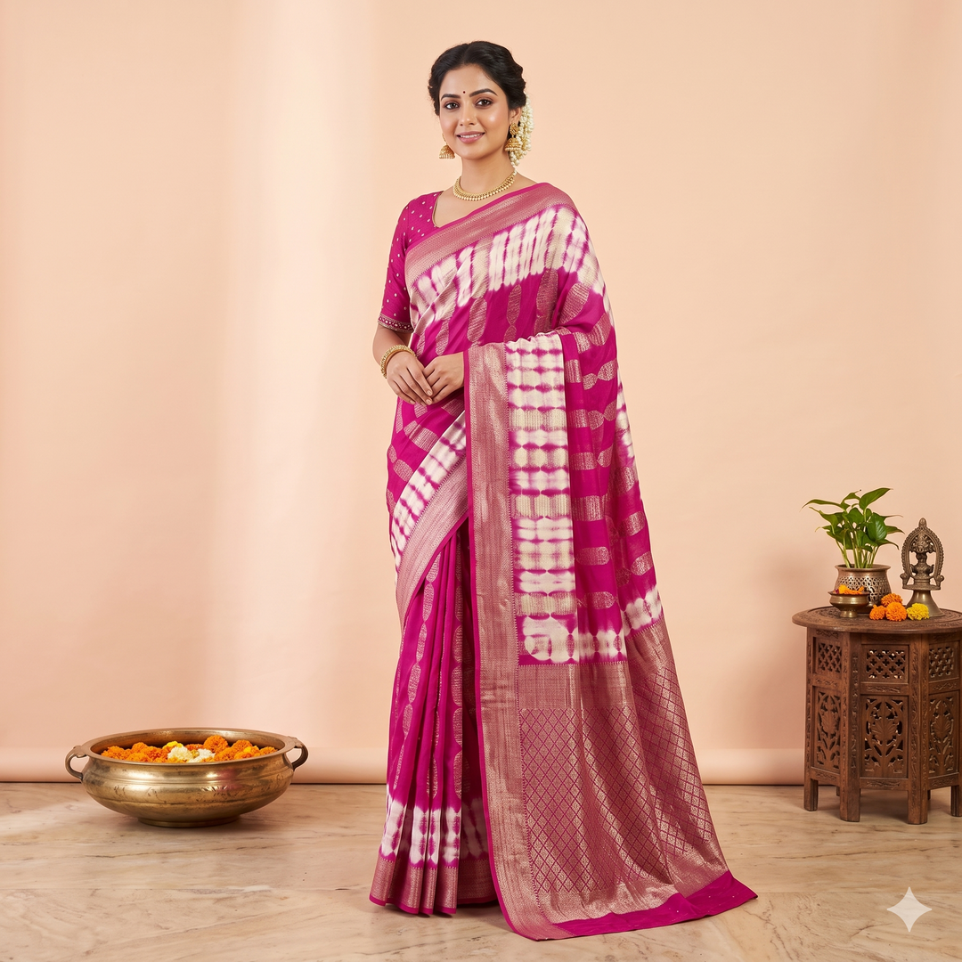 KUBERAN PINK WITH WHITE KHADDI GEORGETTE SAREE