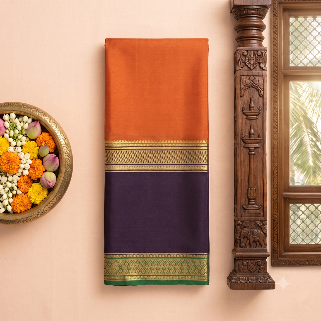KUBERAN RUST ORANGE WITH PURPLE & GREEN PURE MYSORE CREPE SILK SAREE