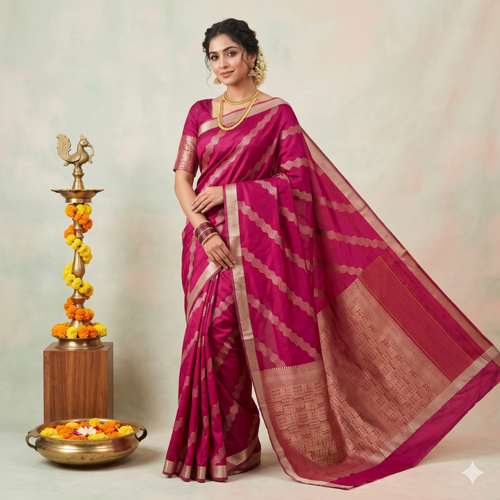 Kuberan Dark Pink Pure Banarasi Silk Saree