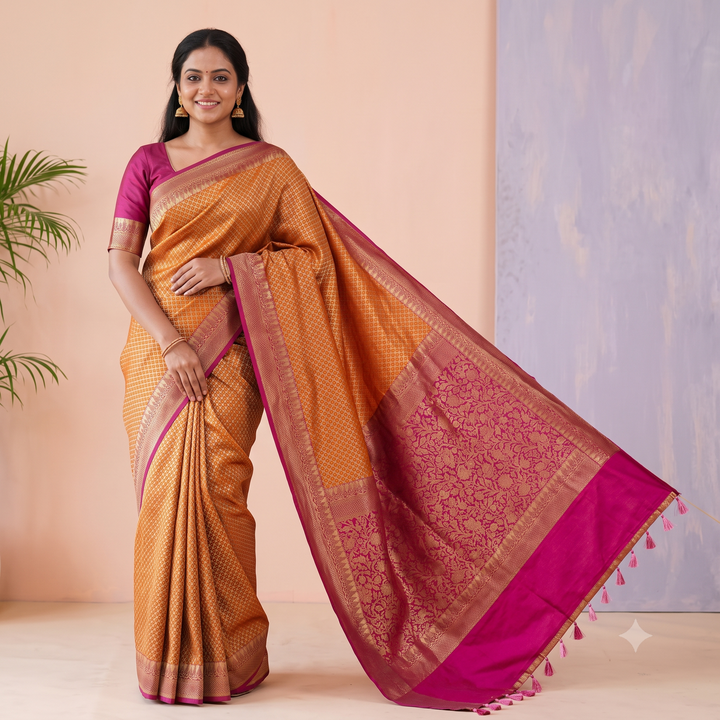 KUBERAN YELLOW WITH PINK SEMI BANARASI SILK SAREE