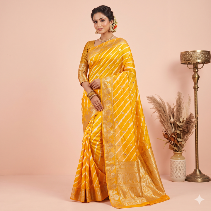 Kuberan Yellow Leheriya Shibori Pure Silk Saree