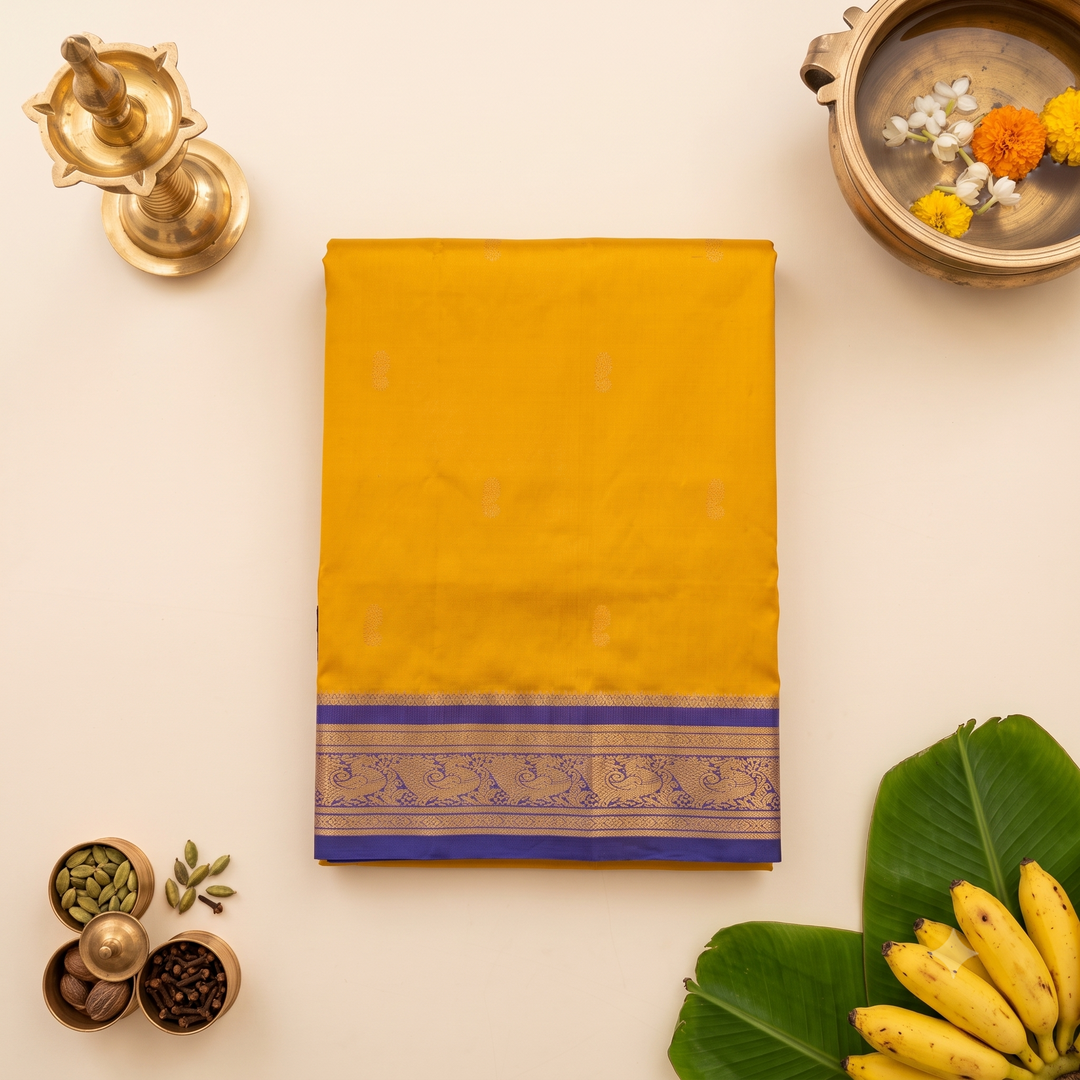 Kuberan Turmeric Yellow & Royal Blue 9-Yard Pure Silk Saree