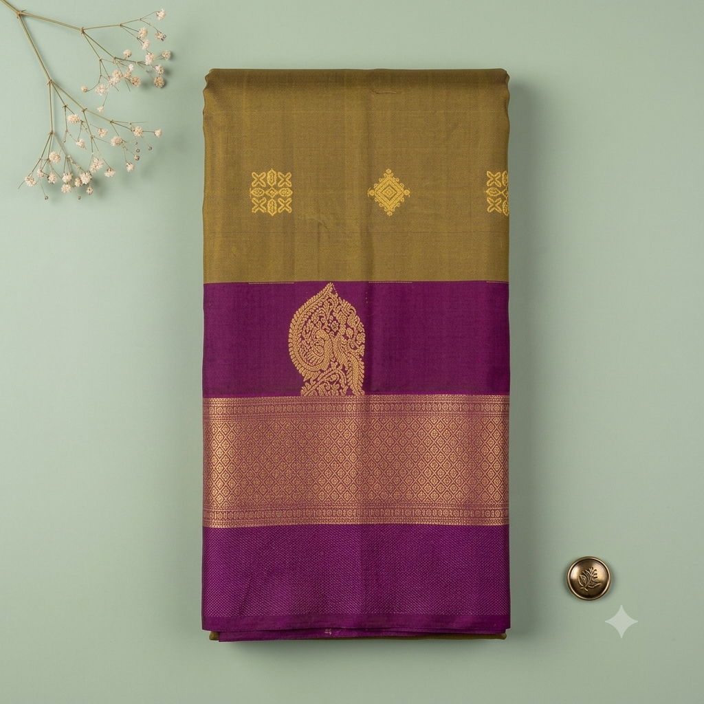 KUBERAN OLIVE GREEN WITH  SEMI SILK SAREE