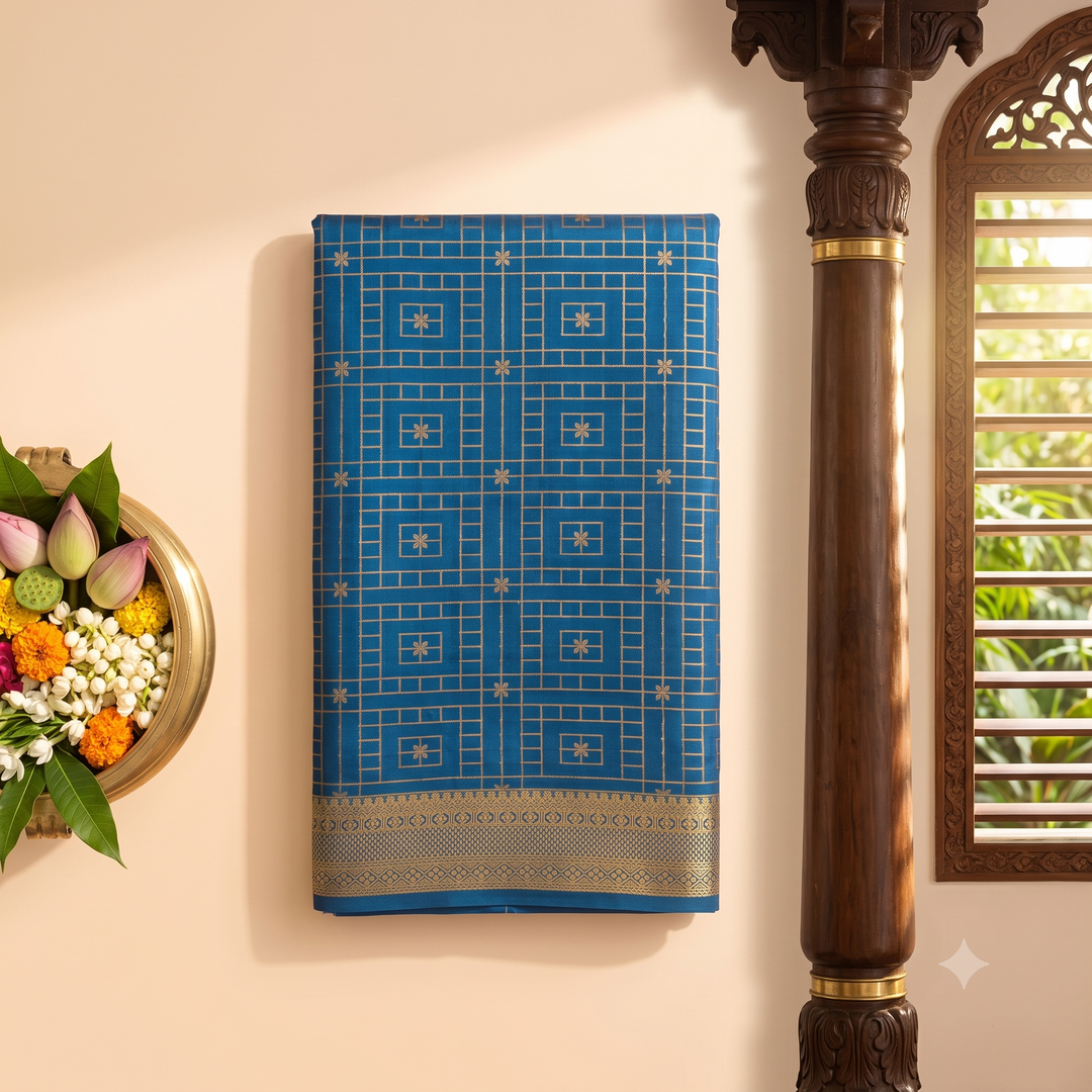 KUBERAN BLUE CHECKS PURE MYSORE CREPE SILK SAREE