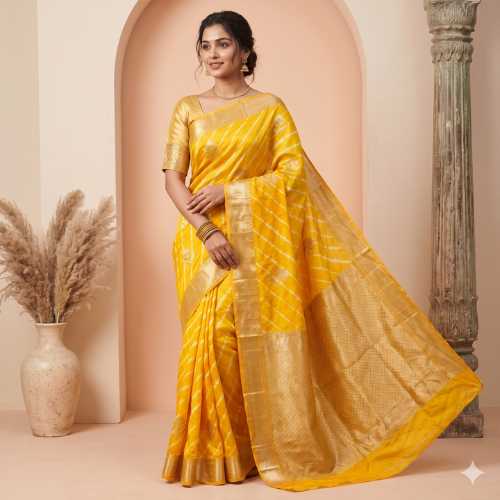 KUBERAN YELLOW LEHERIYA SHIBORI PURE SILK SAREE