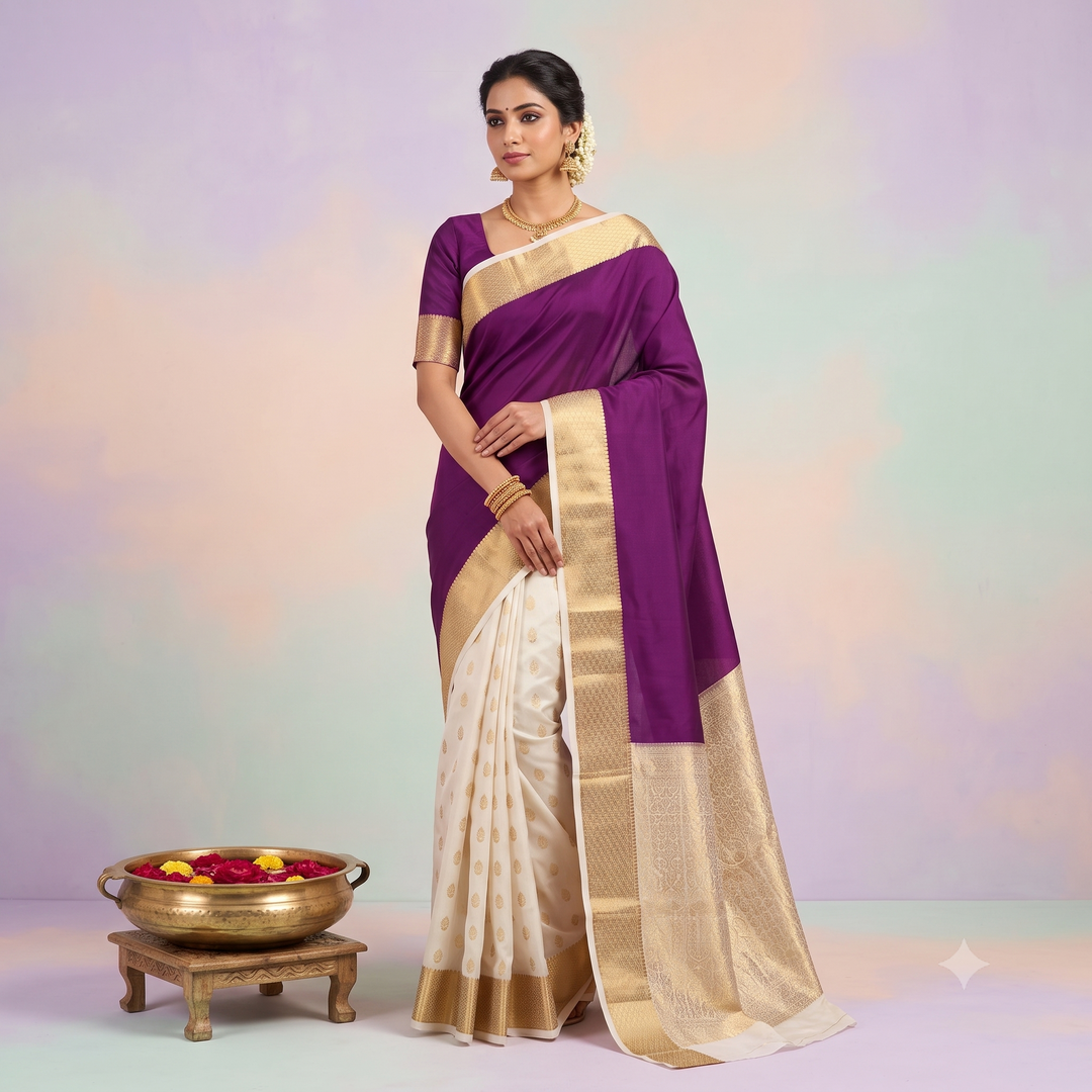KUBERAN PURPLE WITH WHITE PARTLY PALLU PURE MYSORE CREPE SILK SAREE