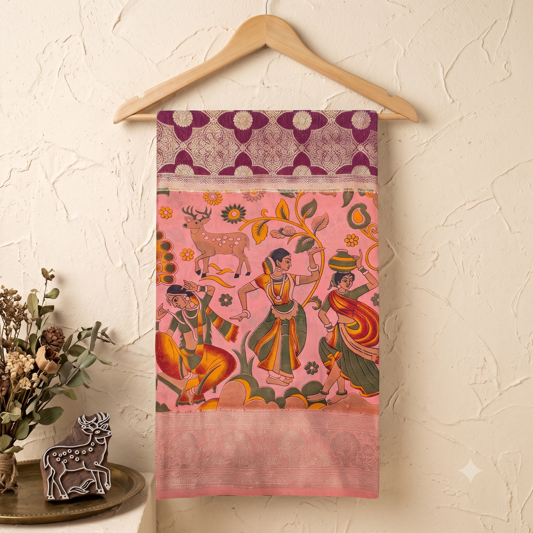 KUBERAN PEACH WITH MAROON KALAMKARI CHIFFON SAREE