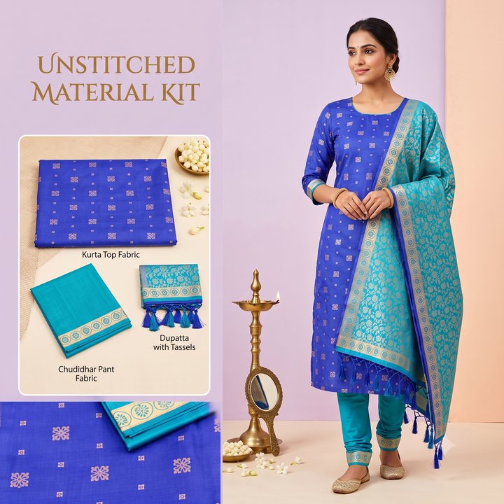 Kuberan Royal Blue and Turquoise Pure Silk Dress Material -