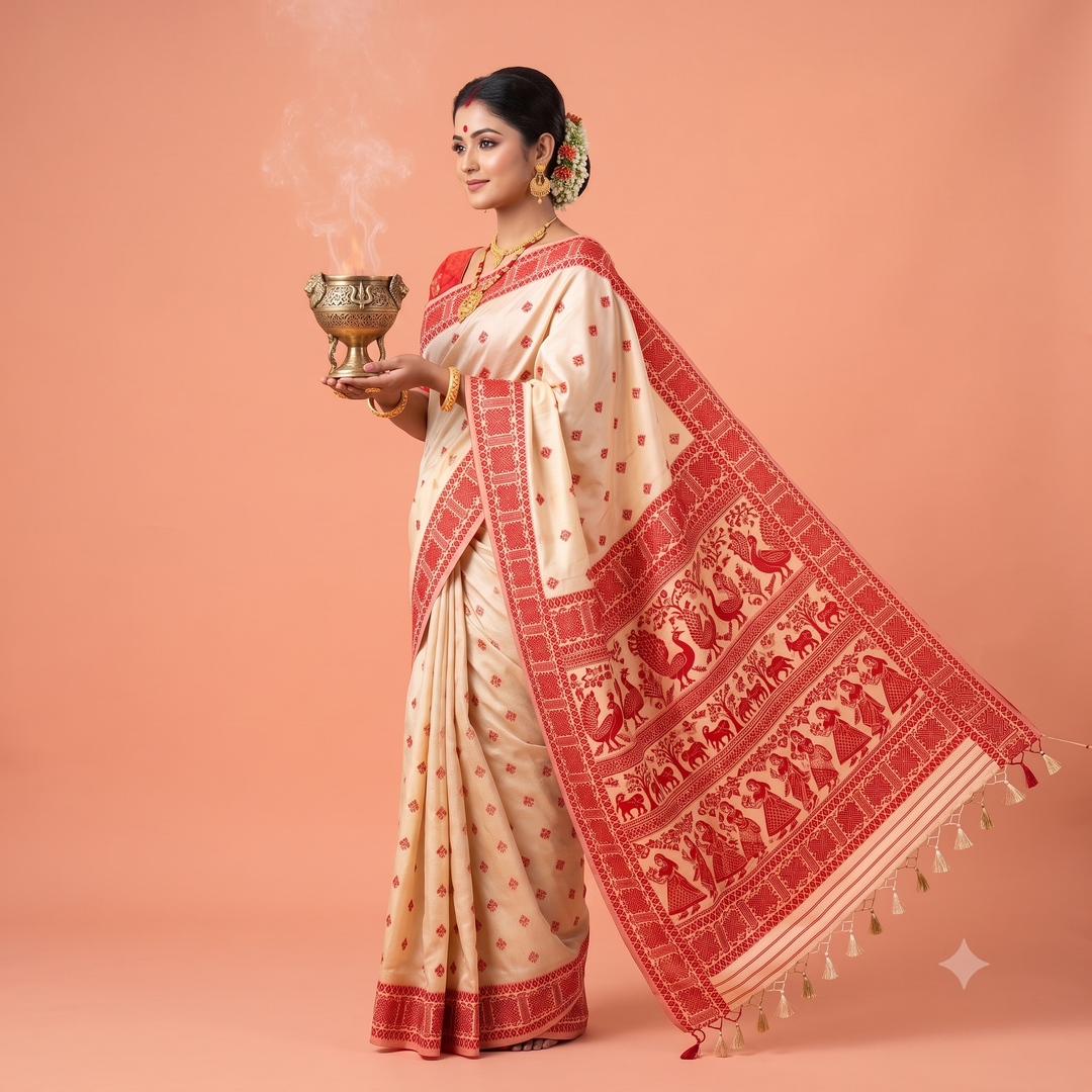 Kuberan Cream & Red Folk-Art Semi Tussar Silk Saree