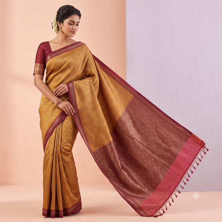 KUBERAN MUSTARD WITH PINK SEMI BANARASI SILK SAREE