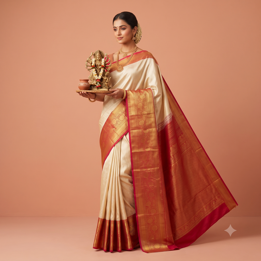 Kuberan cream with red Brocade Brocade Semi silk Saree