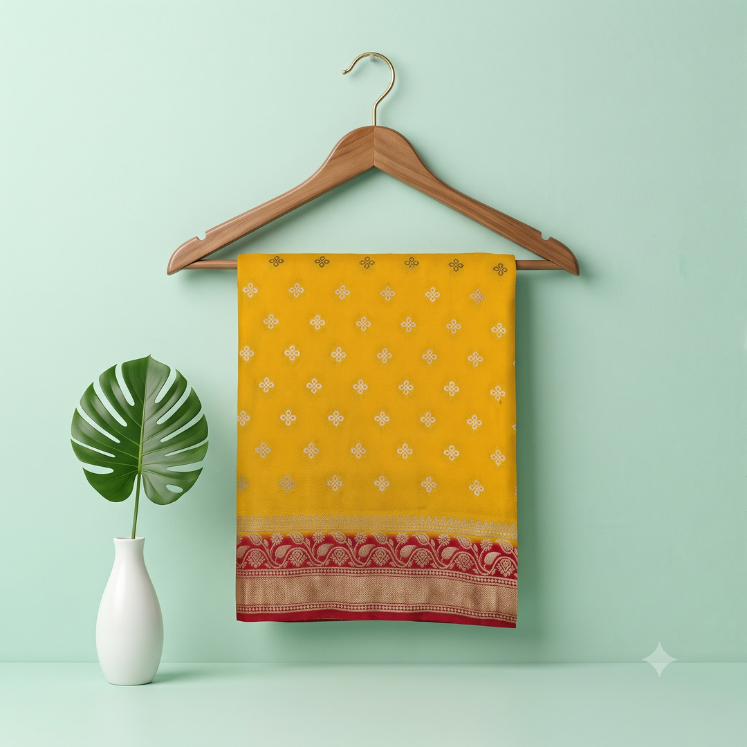 KUBERAN YELLOW WITH RED BUTTI CHIFFON SAREE