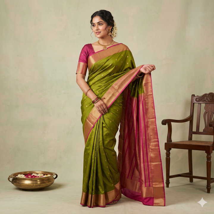 KUBERAN GREEN WITH PINK PURE MYSORE CREPE SILK SAREE