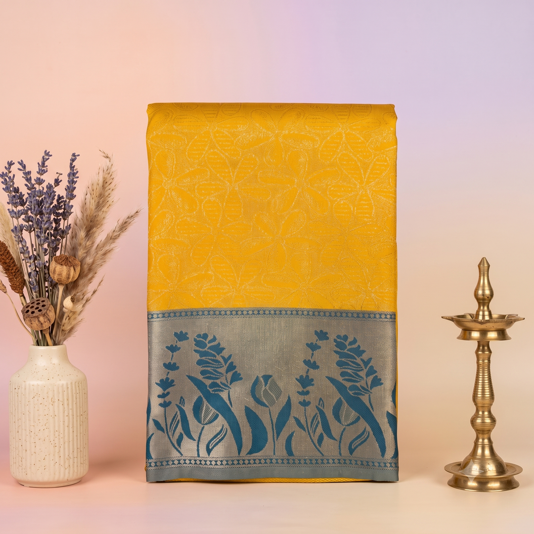KUBERAN YELLOW SILVER JAAL RAW SILK SAREE