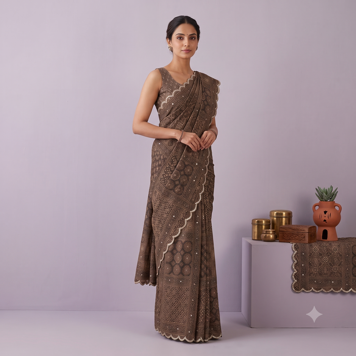 KUBERAN BROWN PURE SATIN CREPE SILK SAREE