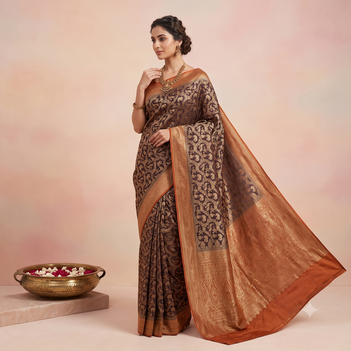 KUBERAN BROWN WITH RUST ORANGE PURE KHADDI GEORGETTE  SAREE