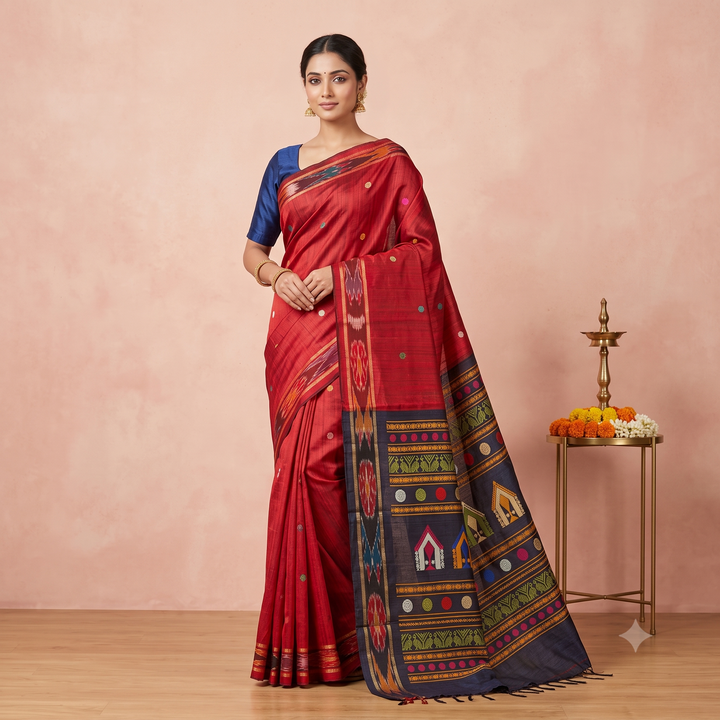 KUBERAN RED BLUE TUSSAR SILK SAREE