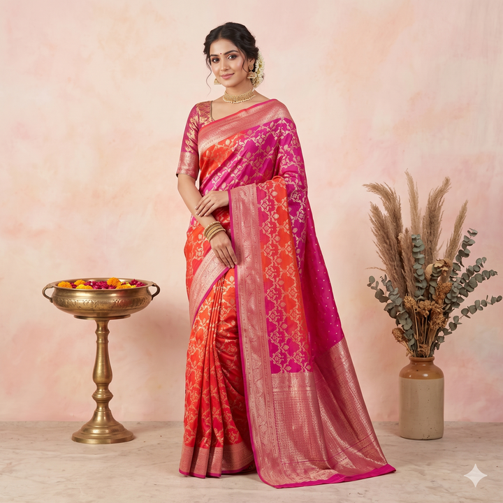 KUBERAN ORANGE WITH PINK KHADDI GEORGETTE SAREE