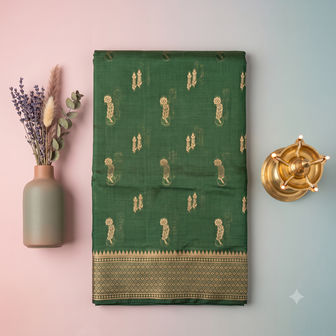 KUBERAN FOREST GREEN RAW SILK SAREE