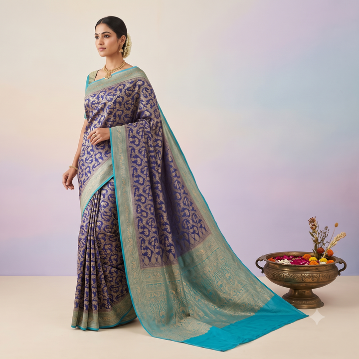 KUBERAN ROYAL BLUE PURE KHADDI GEORGETTE  SAREE