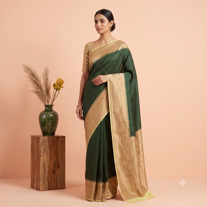 KUBERAN GREEN WITH YELLOW BANARAS GEORGETTE SAREE