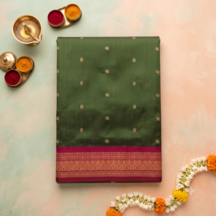 Kuberan Green & Pink 9-Yard Pure Silk Saree