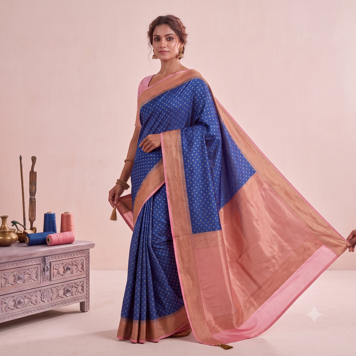 KUBERAN BLUE WITH PINK BANARAS GEORGETTE SAREE