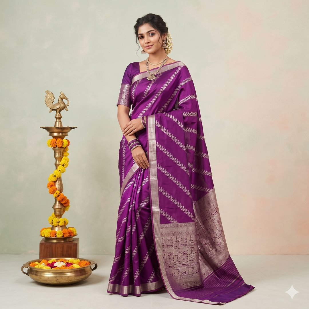 Kuberan Purple Diagonal Motif Pure Banarasi Silk Saree