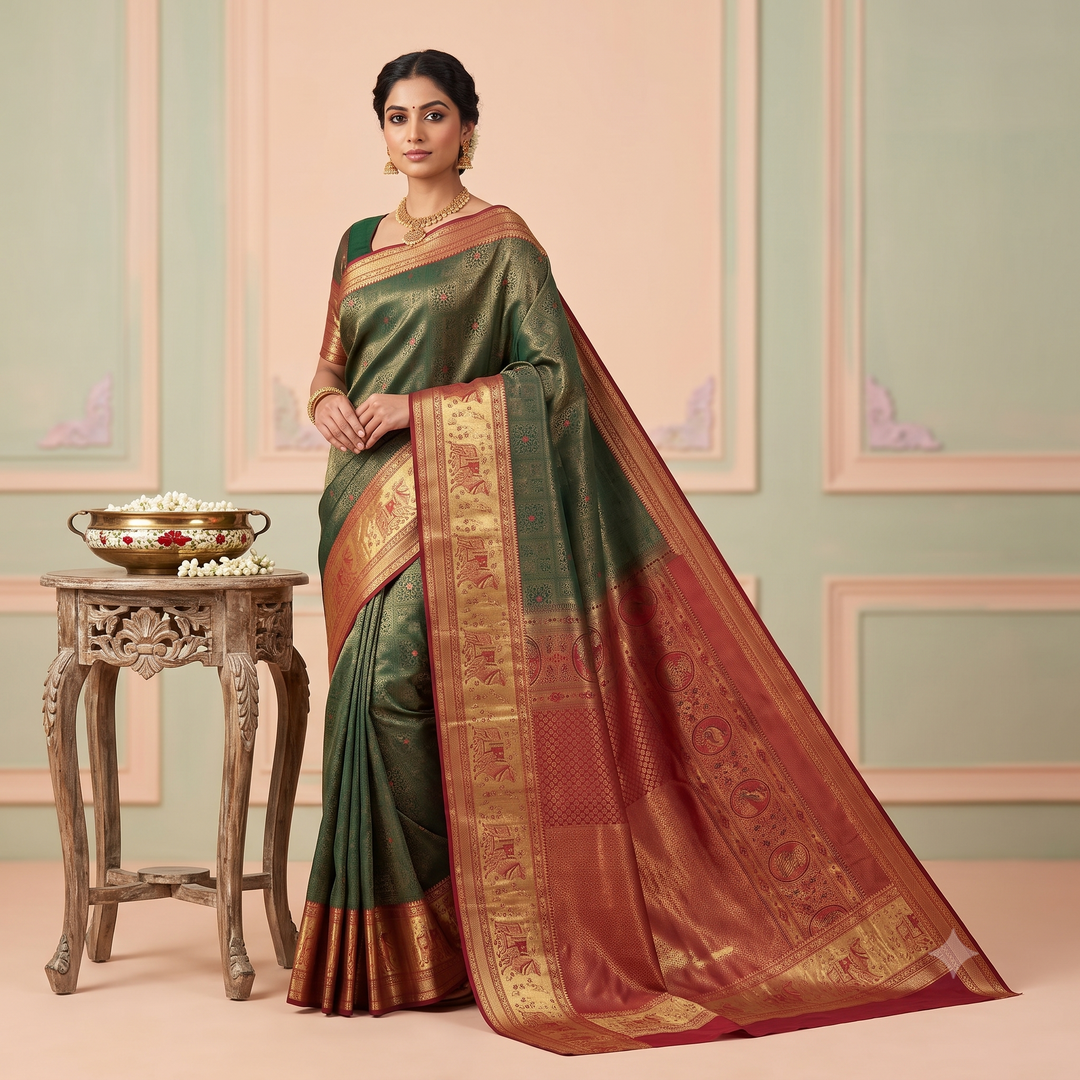 KUBERAN DARK GREEN WITH RED BROCADE SILK SAREE