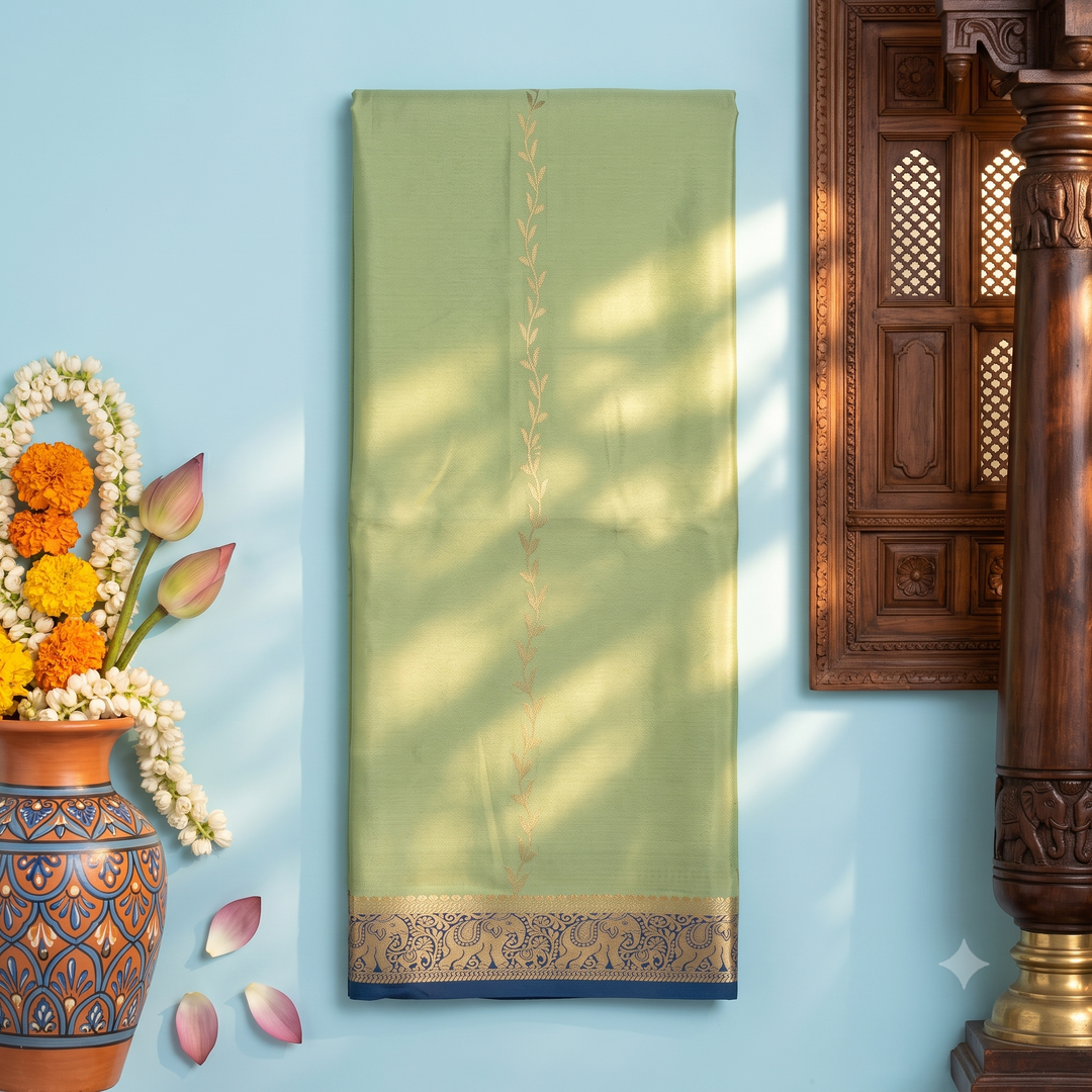 KUBERAN LIME GREEN WITH BLUE PURE MYSORE CREPE SILK SAREE
