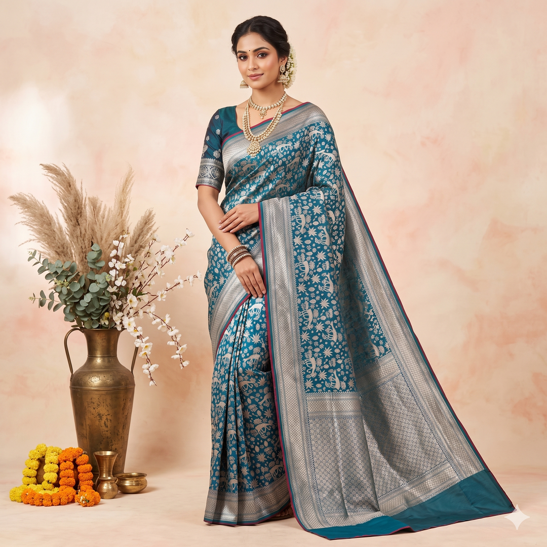KUBERAN BLUE SEMI BANARASI SILK SAREE