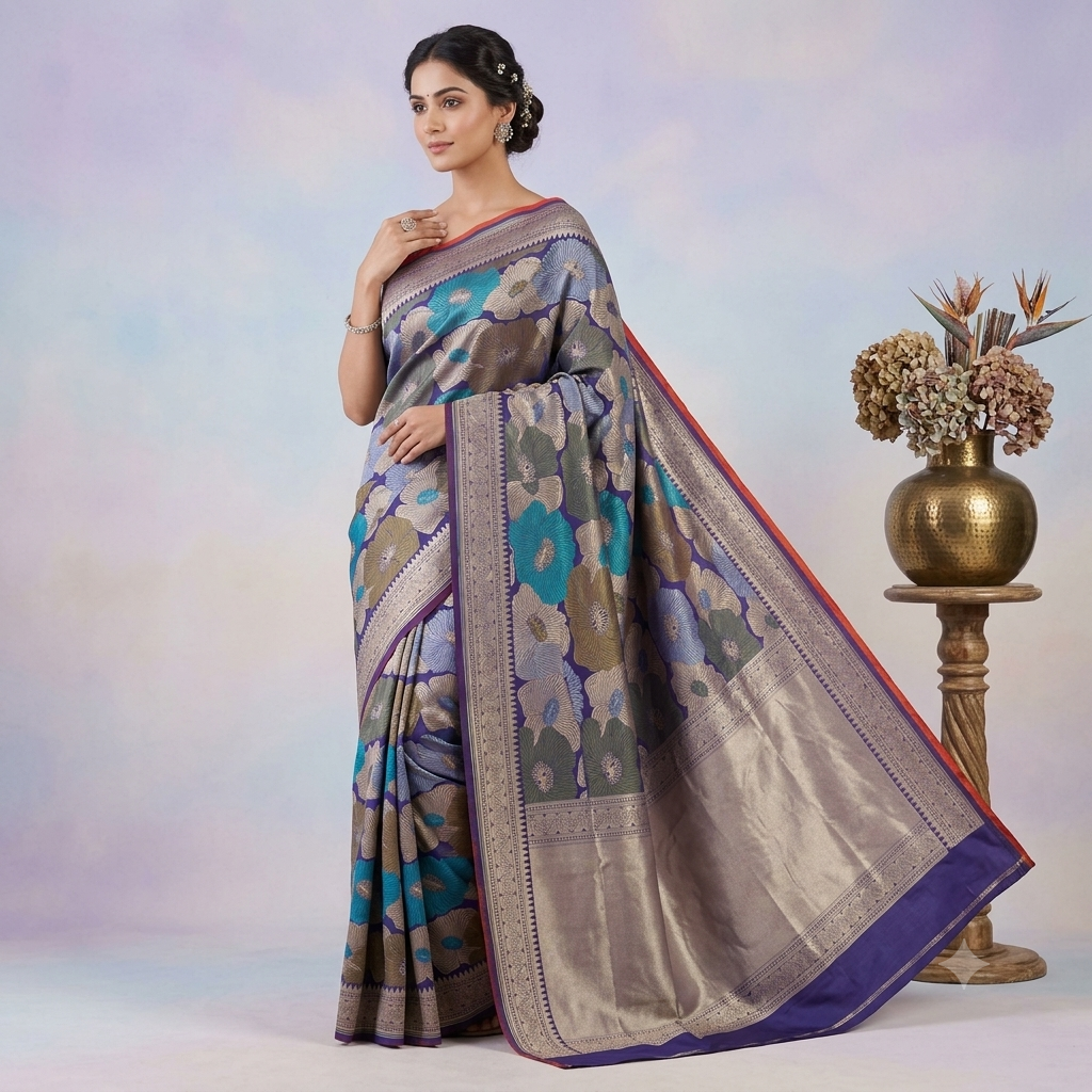 KUBERAN INK BLUE PURE BANARASI SILK SAREE