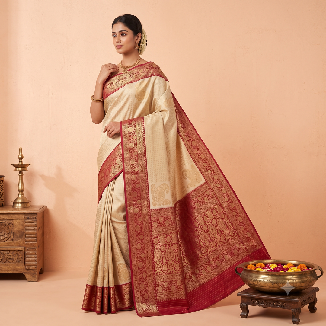 KUBERAN WHITE WITH RED PURE BANARASI HANDLOOM SAREE