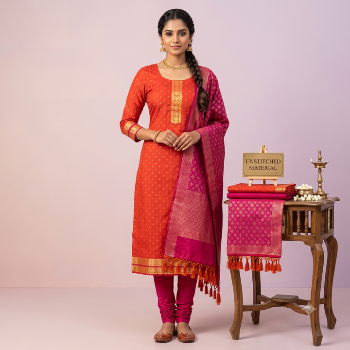 Kuberan Dual Orange Red Colour  with Magenta Pure Silk Dress Material with Gold Border
