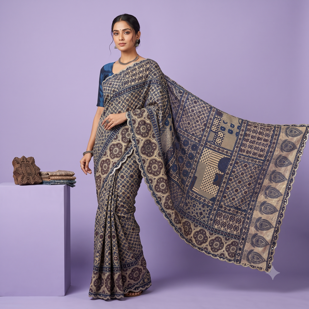 KUBERAN BEIGE CREAM PURE SATIN CREPE SILK SAREE