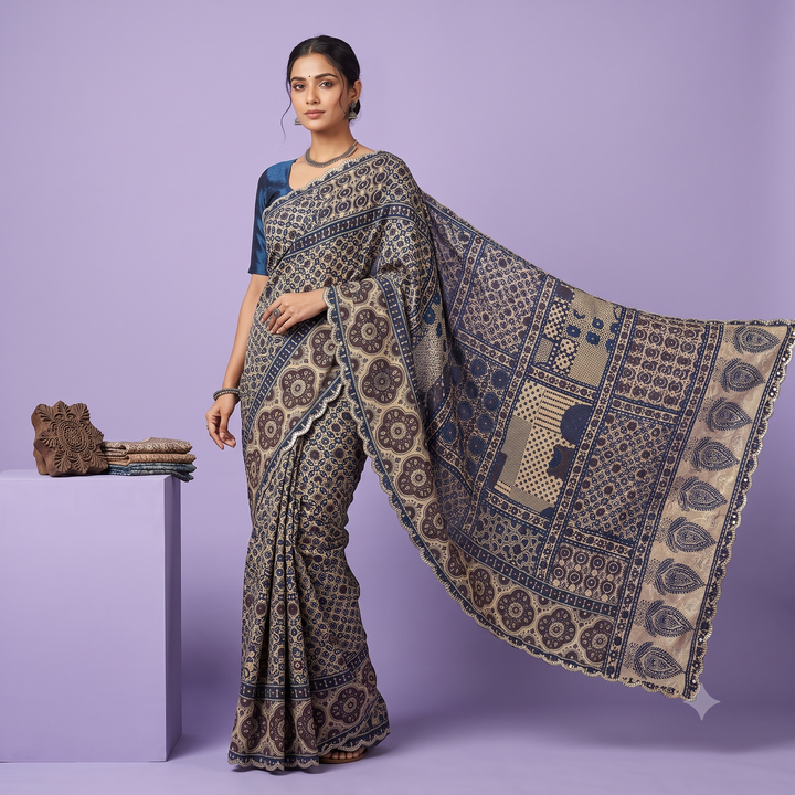 KUBERAN BEIGE CREAM PURE SATIN CREPE SILK SAREE
