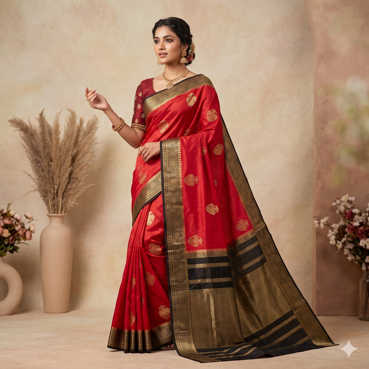 KUBERAN RED AND BLACK PURE MYSORE CREPE SILK SAREE