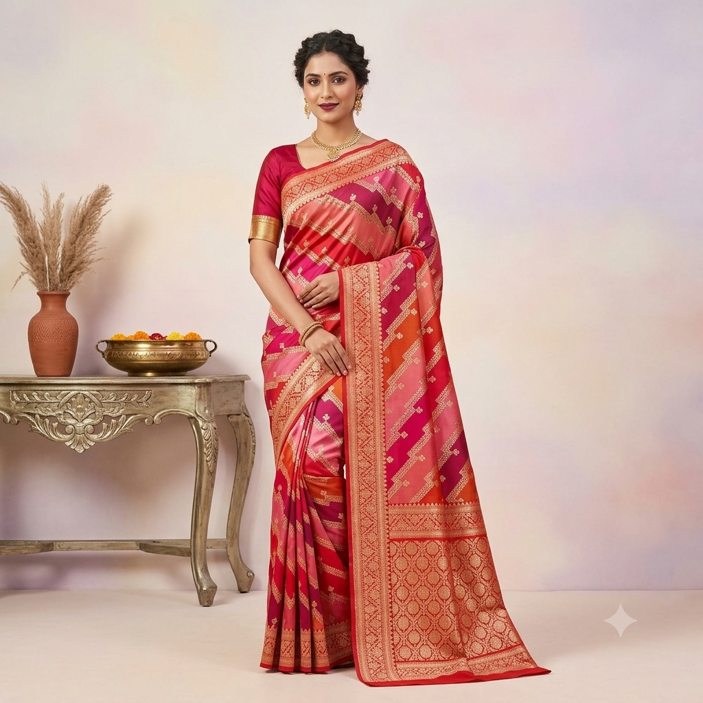 KUBERAN PINK WITH ORANGE PURE BANARASI SILK SAREE