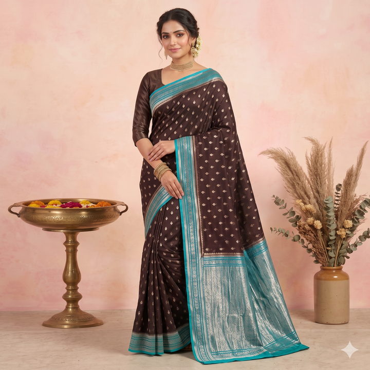 KUBERAN BROWN WITH BLUE KHADDI GEORGETTE SAREE