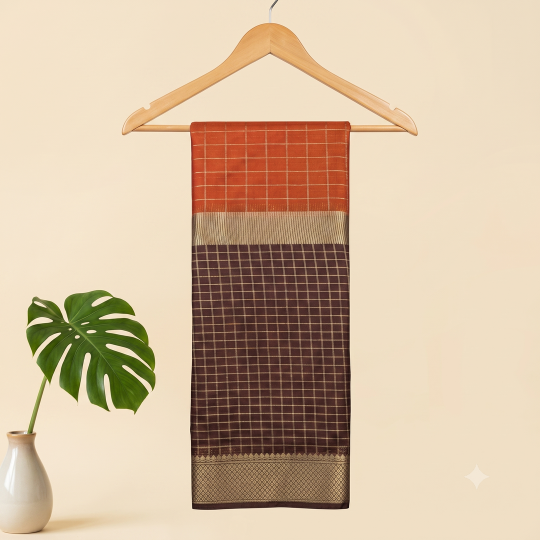 KUBERAN ORANGE WITH BROWN CHIFFON SAREE