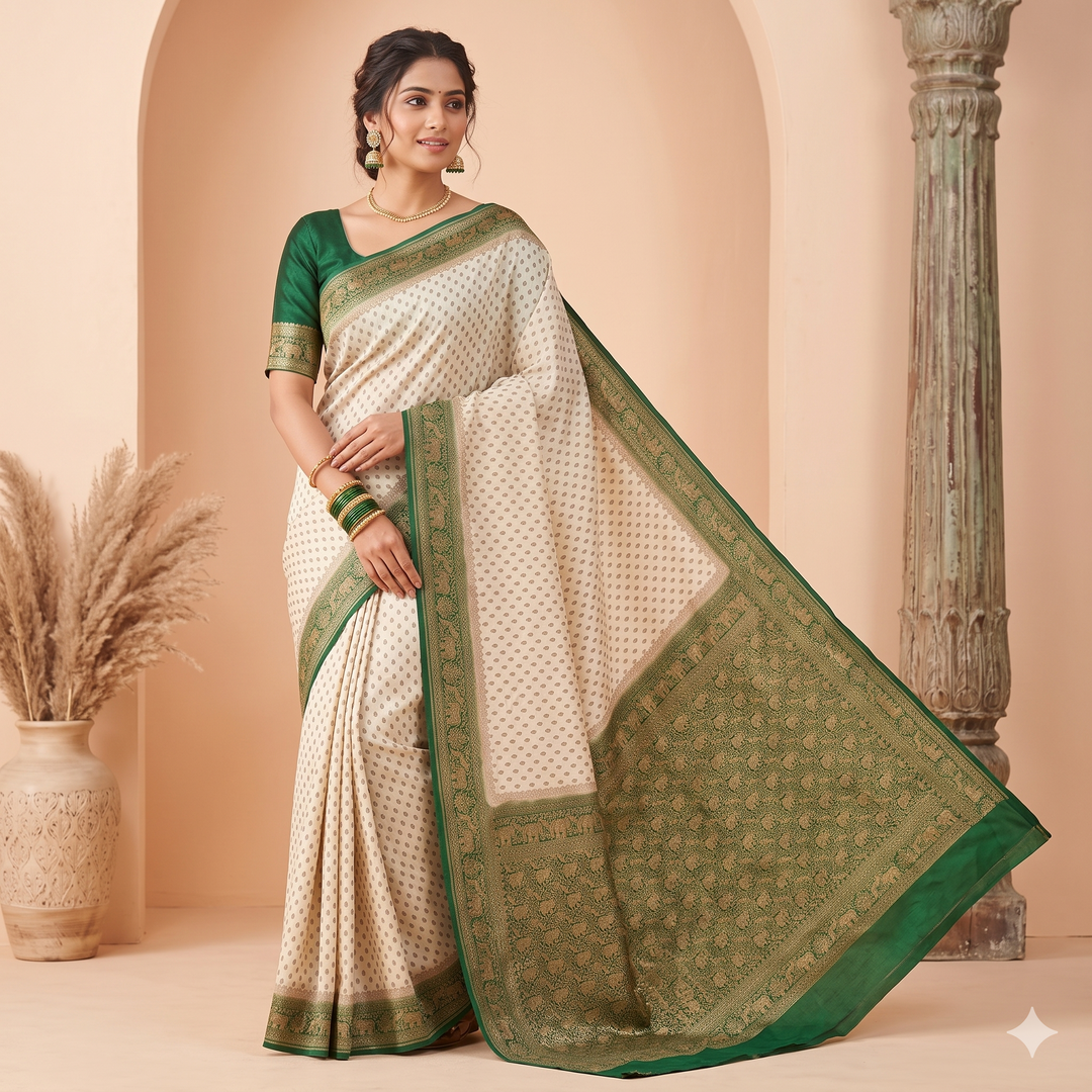 KUBERAN WHITE WITH GREEN KHADDI GEORGETTE SAREE