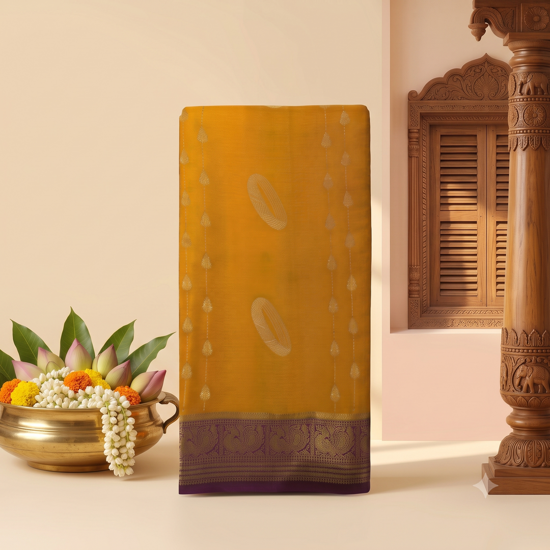 KUBERAN YELLOW WITH PURPLE PURE MYSORE CREPE SILK SAREE