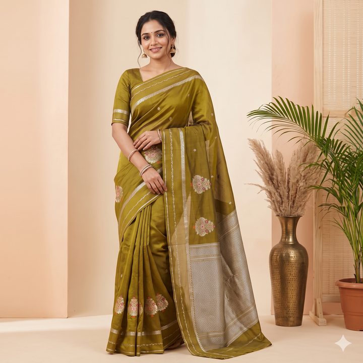 Kuberan Olive Green Chiffon Saree