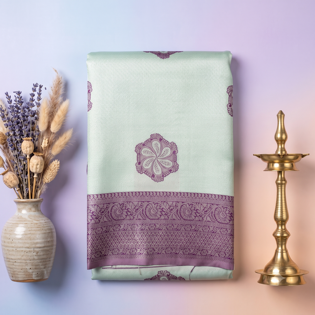 KUBERAN MINT GREEN PURPLE MEDALLION BUTI RAW SILK SAREE