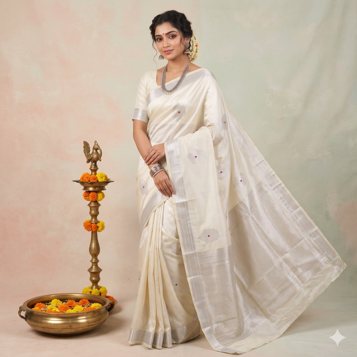 Kuberan White Pure Banarasi Silk Saree