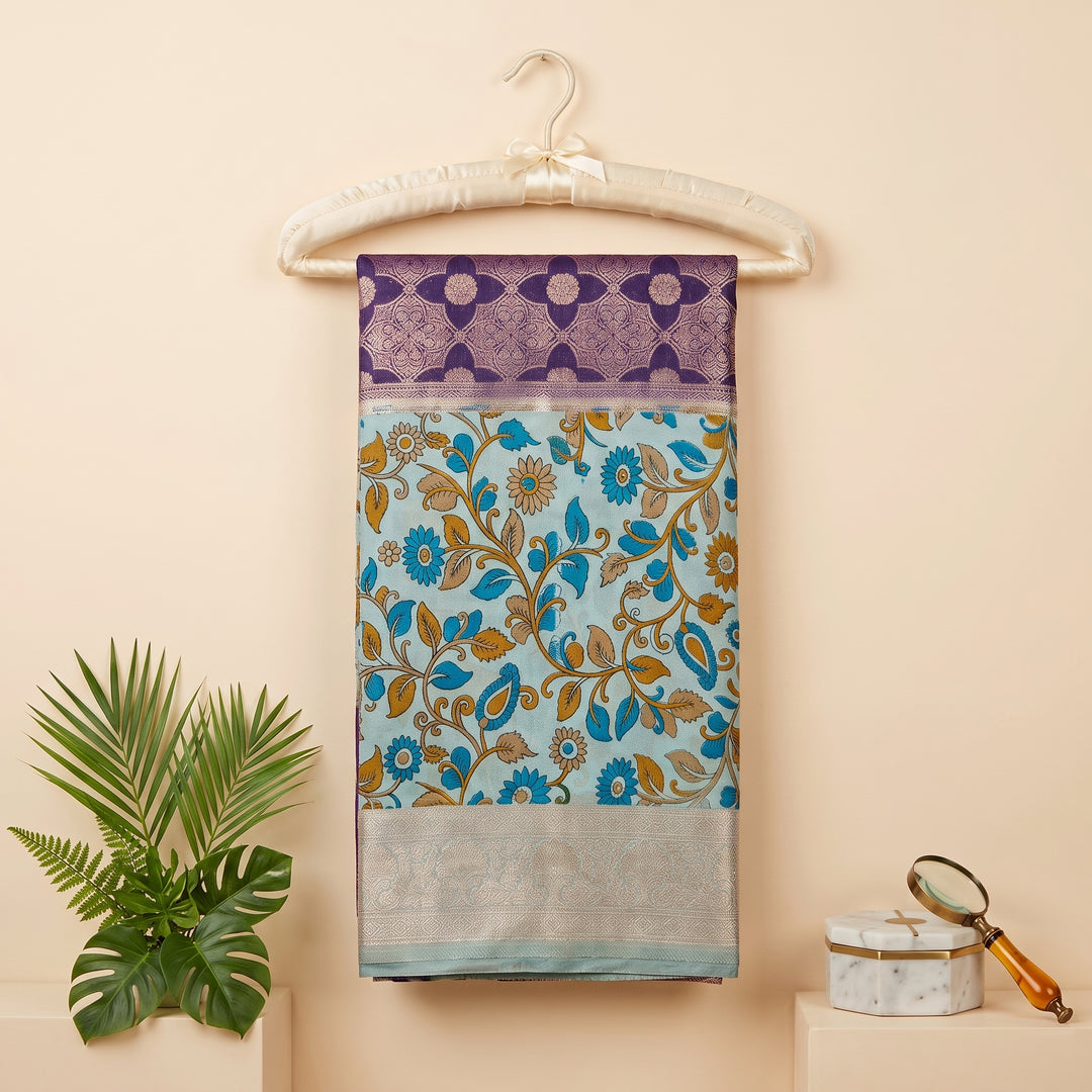 KUBERAN BLUE WITH PURPLE KALAMKARI CHIFFON SAREE