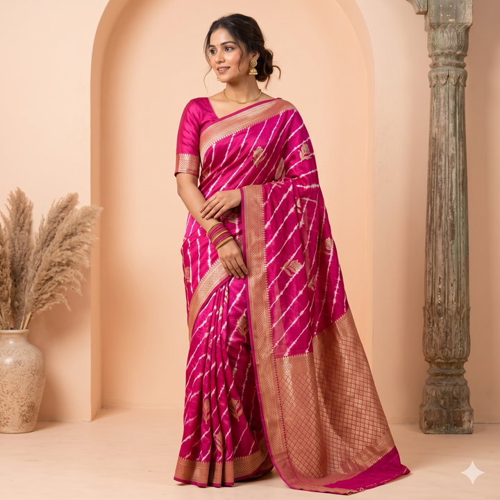 KUBERAN PINK LEHERIYA SHIBORI PURE SILK SAREE